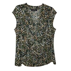 Kasper Green Gold Multi Print Stretch Sleeveless Blouse Tank Top